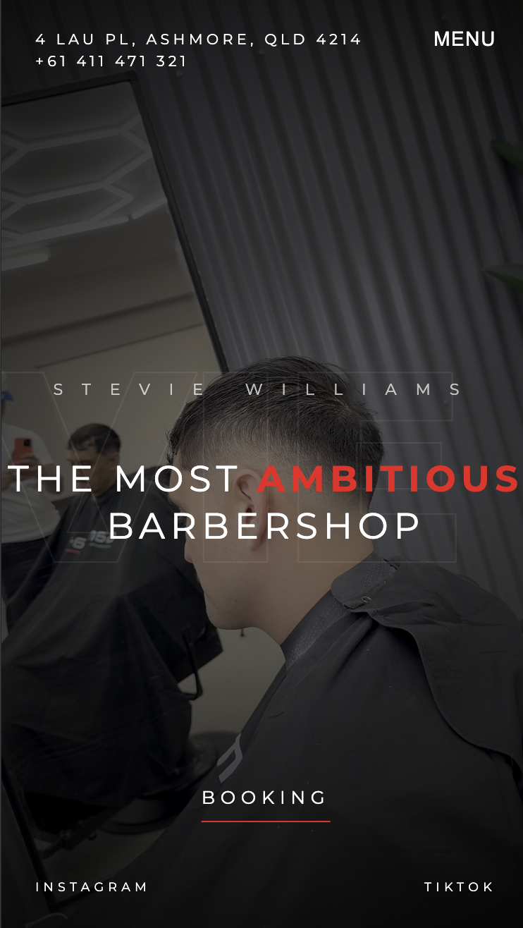 Hero section showcasing the ambitious barbershop aesthetic